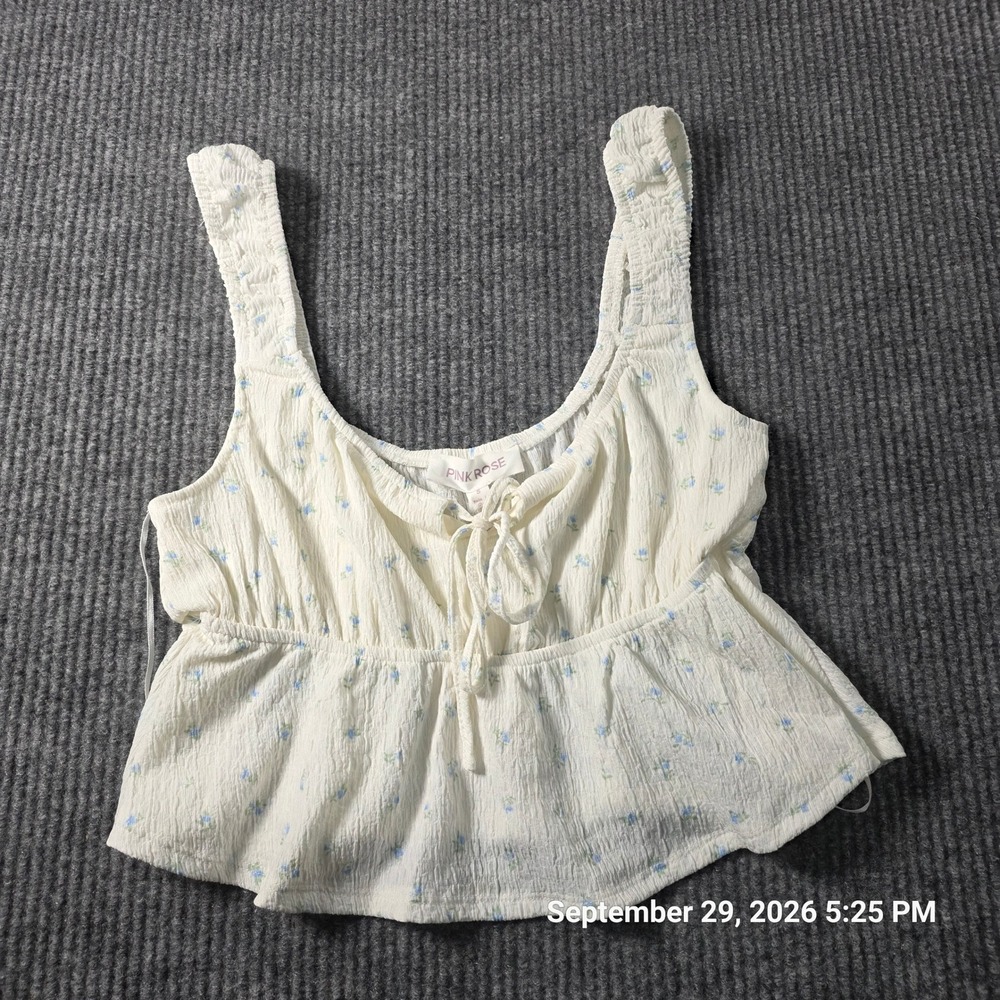 Pink Rose Floral Peplum Top White Blue Crinkle Tie Front Smocked Straps Small NW